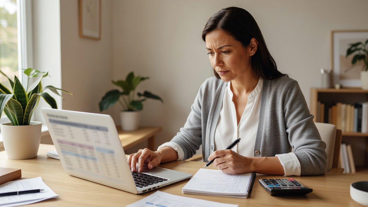 Woman at a home office desk comparing health insurance plan options on a laptop with a notepad and calculator