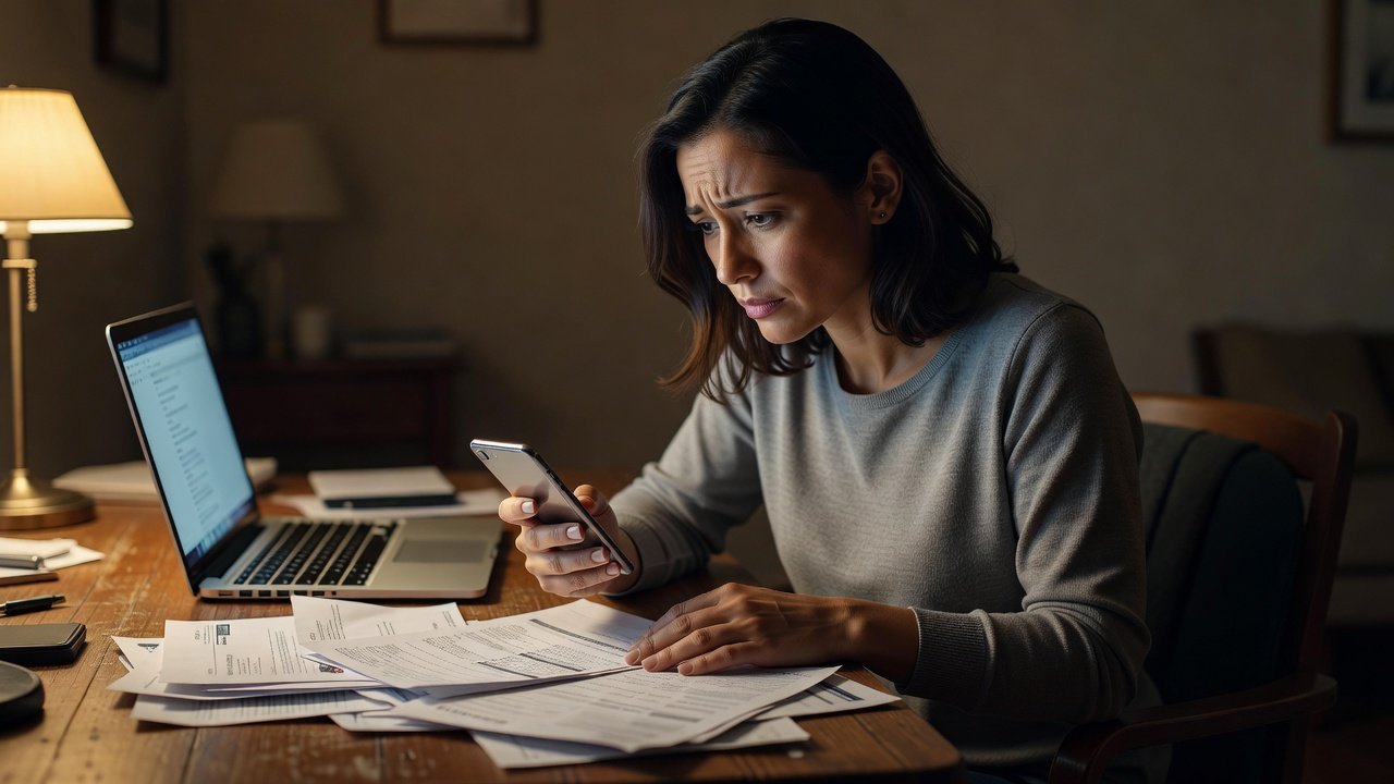 Woman looking at a suspicious text message on her phone while sitting at a desk with bills and a laptop