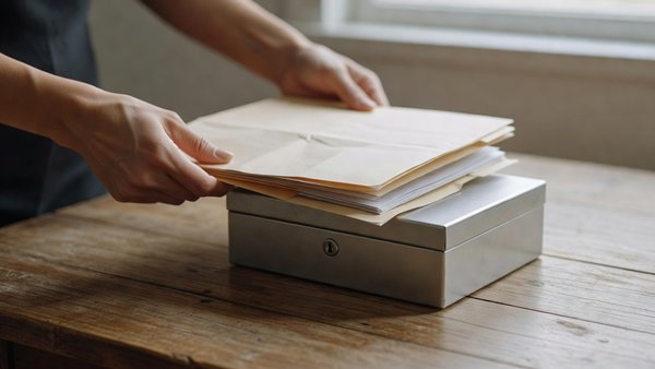 Woman's hands placing a folder of personal documents into a small lockbox on a wooden table near a window
