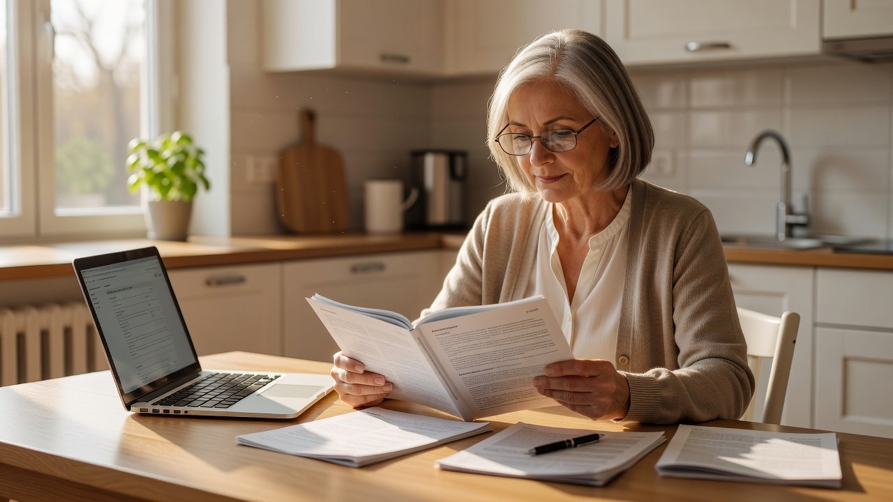 Woman in her sixties comparing insurance plan documents at a kitchen table with reading glasses and a laptop