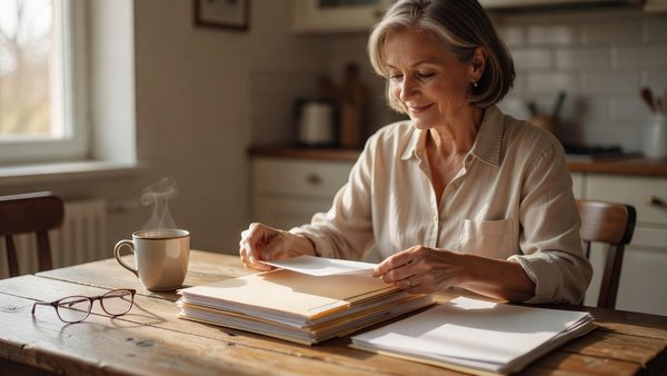 Woman sitting at a kitchen table in morning light organizing paperwork and manila folders beside a cup of tea