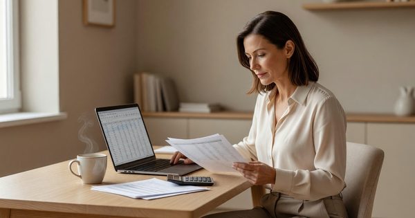 Woman reviewing financial documents at a home office desk with laptop and calculator