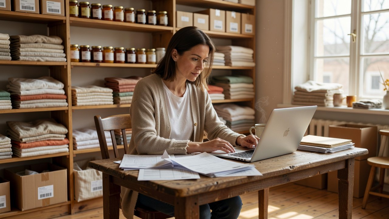 Woman business owner working at a laptop in her small retail workspace reviewing financial documents